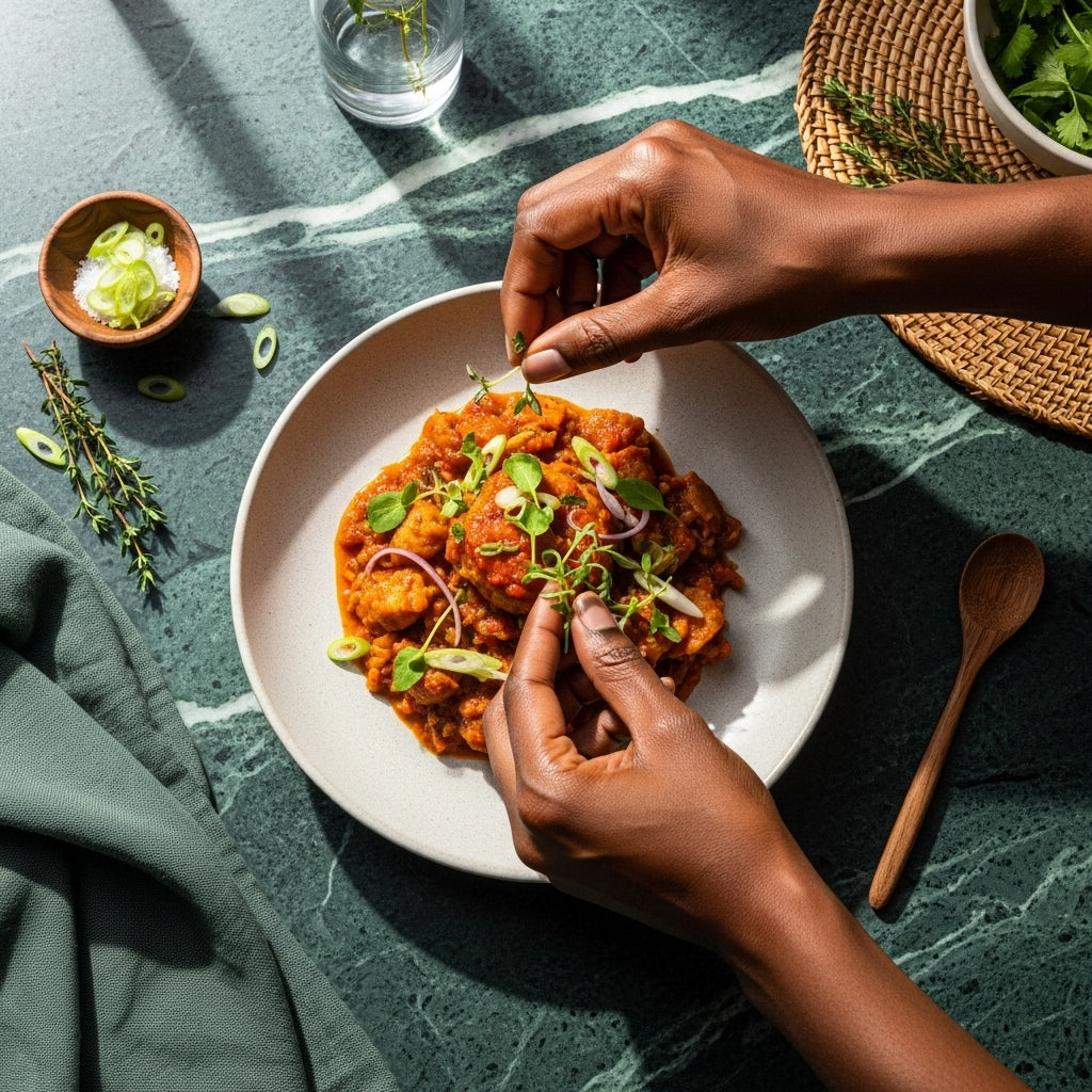 Plat africain épicé garni d'herbes fraîches sur table élégante